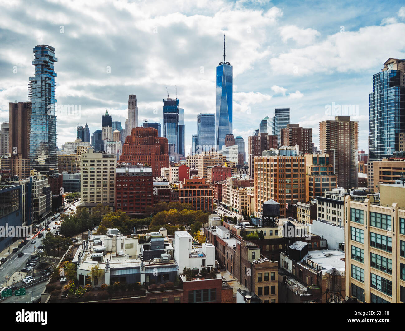 View of Tribeca and downtown Manhattan rooftops  from above Stock Photo