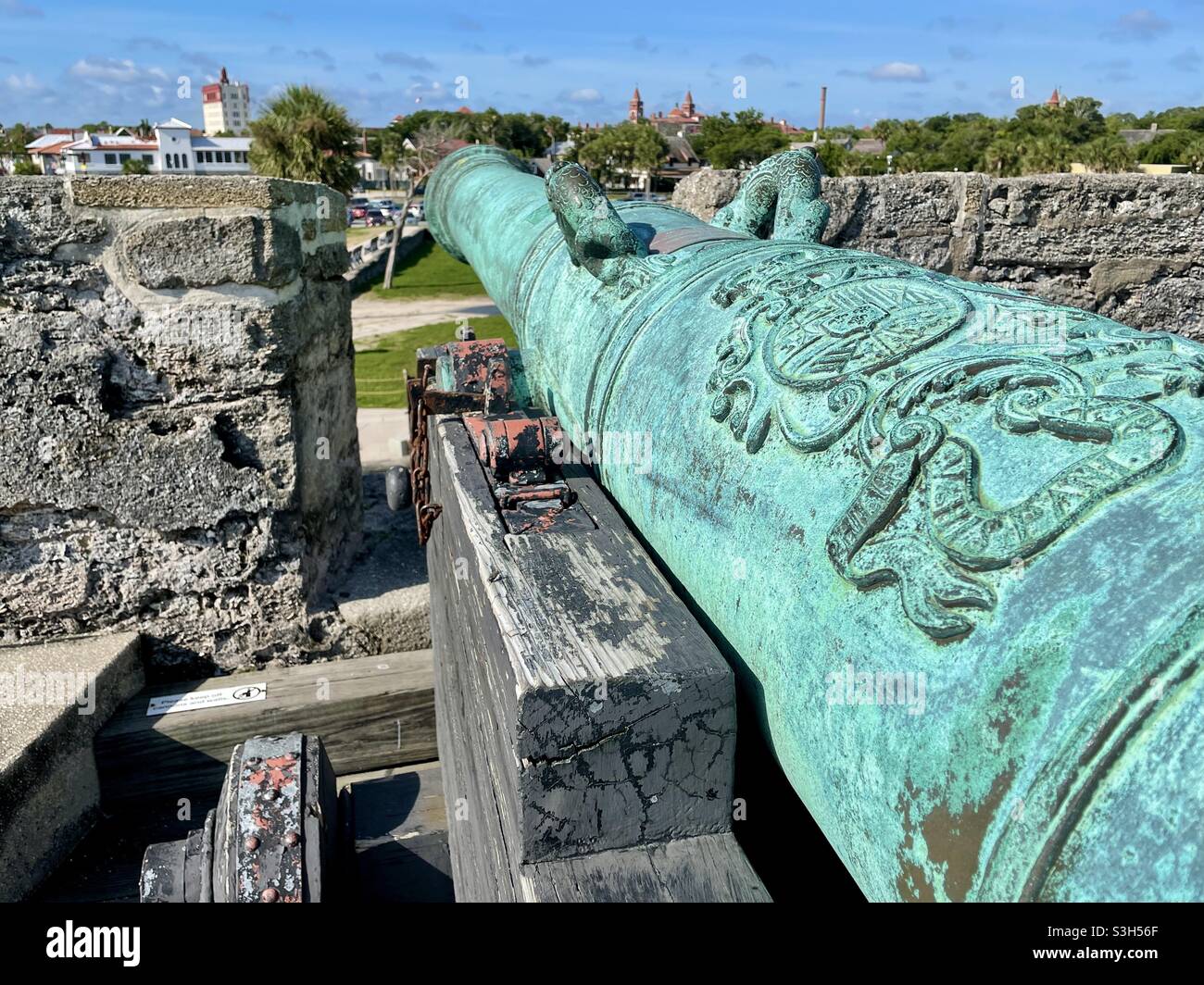 Canon atop Castillo de San Marcos on Matanzas Bay in the Old City district of St. Augustine, Florida. (USA) - Smartphone Captured Stock Image