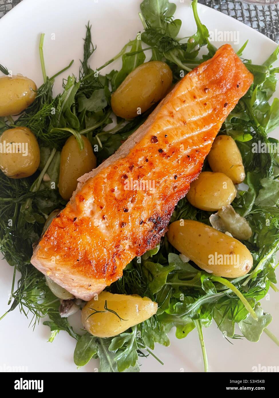 Close Up of Grilled Salmon and New Potato Entree,  USA - Smartphone Captured Stock Image