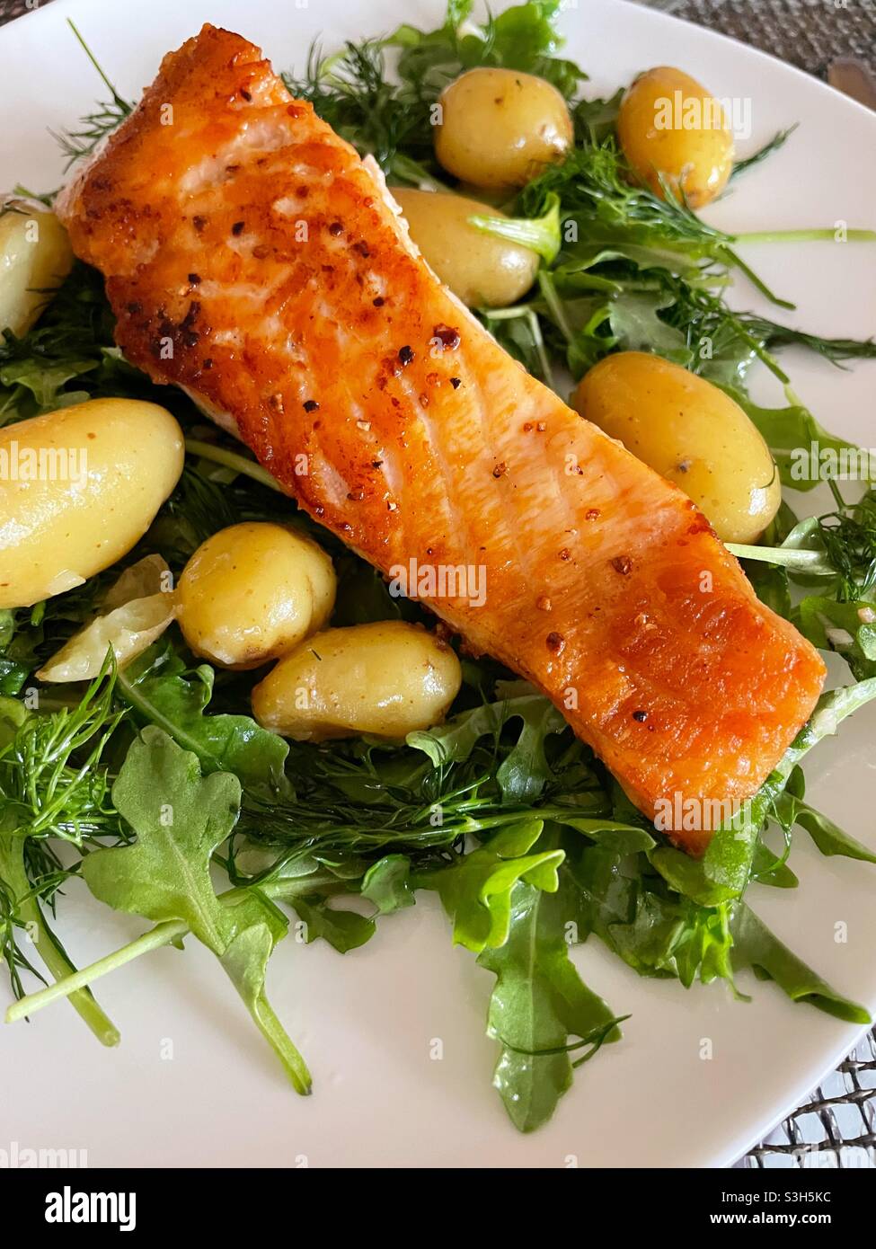Close Up of Grilled Salmon and New Potato Entree,  USA - Smartphone Captured Stock Image