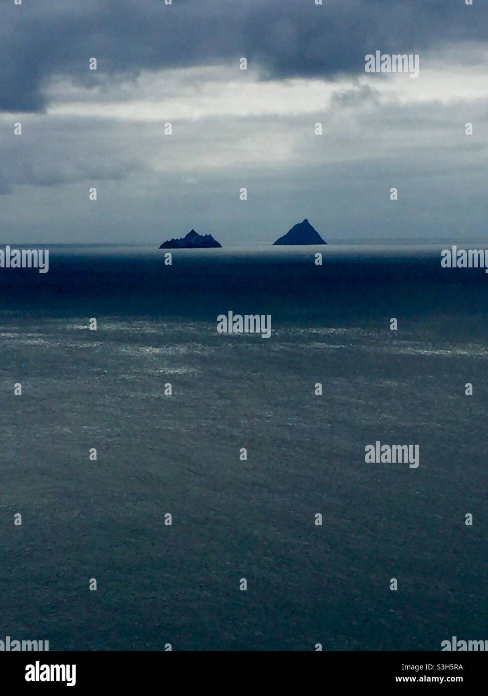 The Skelligs, Skellig Michael, and Skellig Beag, small Skellig, Co Kerry Ireland, World Heritage Site. Stock Photo