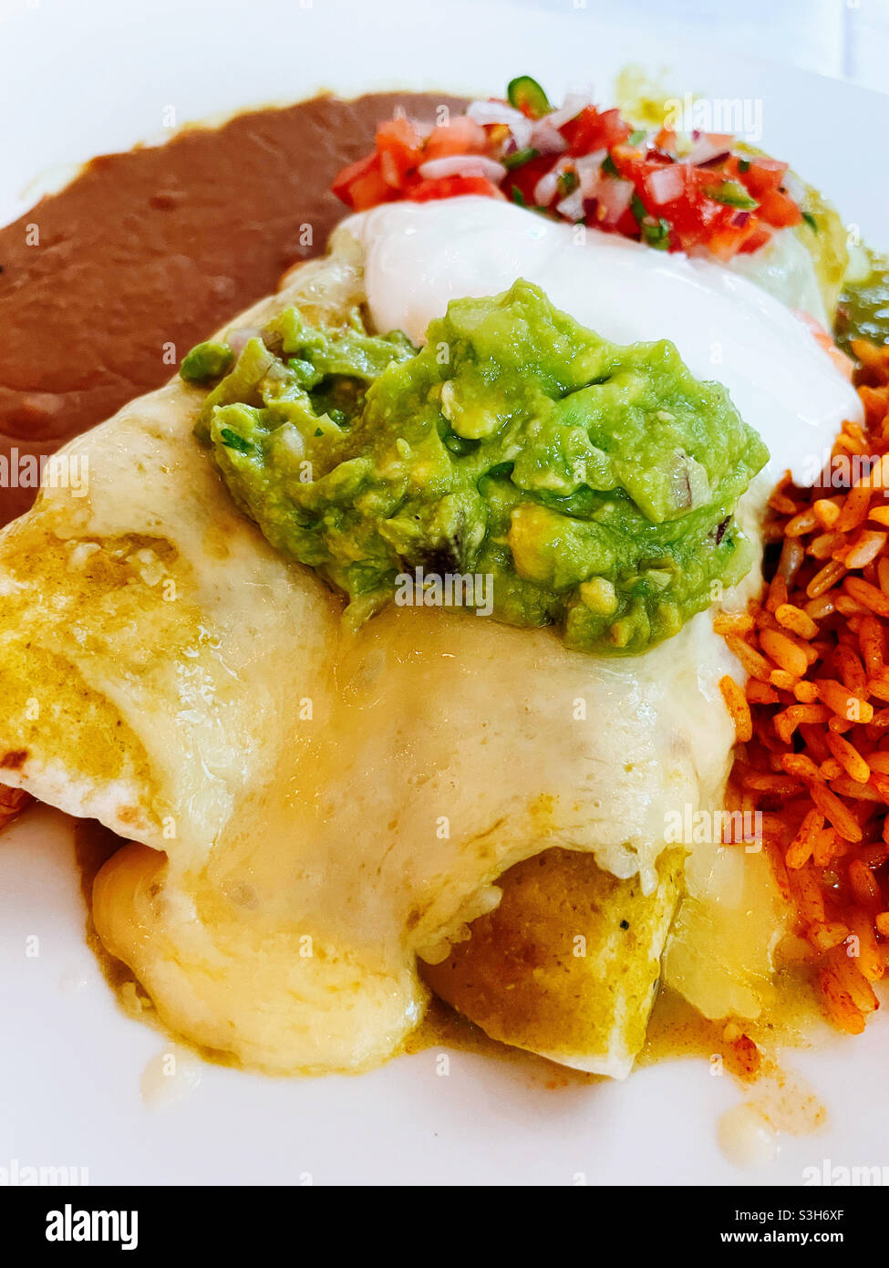 Chicken enchilada and a flour tortilla topped with guacamole and sour