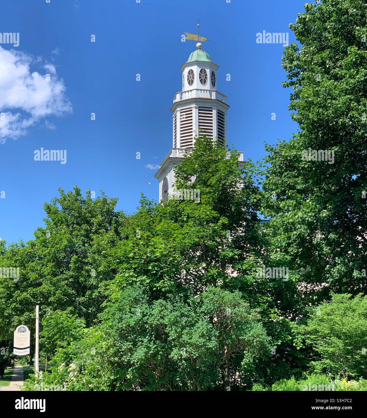 June, 2021, steeple, Unitarian Church, Walpole, Cheshire County, New Hampshire, United States, North America - Smartphone Captured Stock Image
