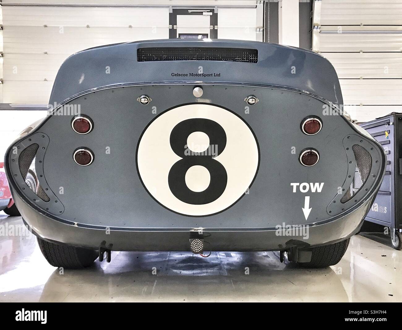 Rear of AC Cobra Daytona Replica built Car by Gelscoe Motorsport at Silverstone Classic - Featuring the Number 8 on the rear - Smartphone Captured Stock Image