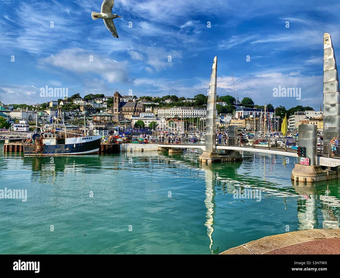 Summertime at Torquay Harbour. A seagull flies over the sky line of the town on a sunny day. Turquoise water. Stock Photo