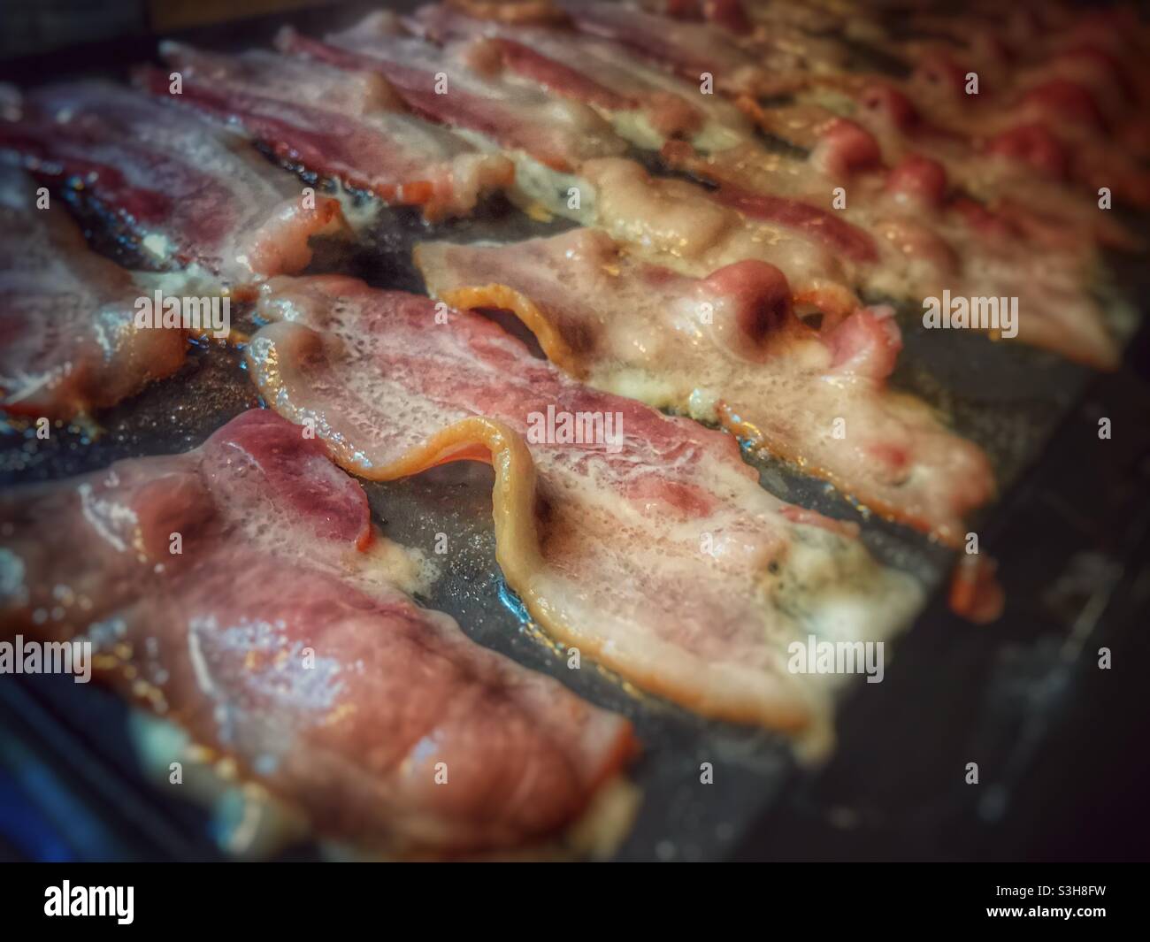 Bacon frying on an electric griddle Stock Photo