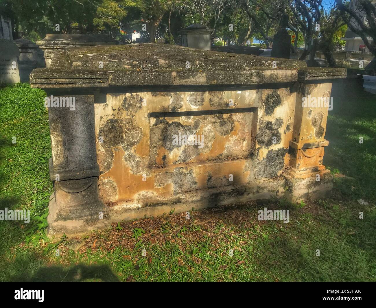 Historic grave at the Protestant Cemetery in George Town, Penang, Malaysia Stock Photo