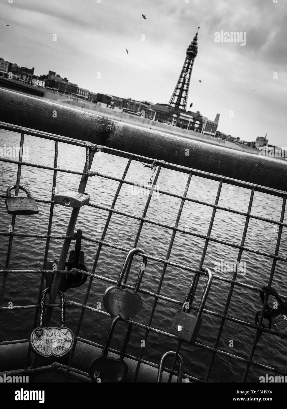 Blackpool Tower and love locks on the pier - Smartphone Captured Stock Image