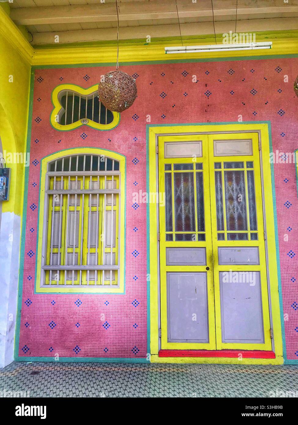 Colorful window and door detail on a historic building in George Town, Penang, Malaysia - Smartphone Captured Stock Image