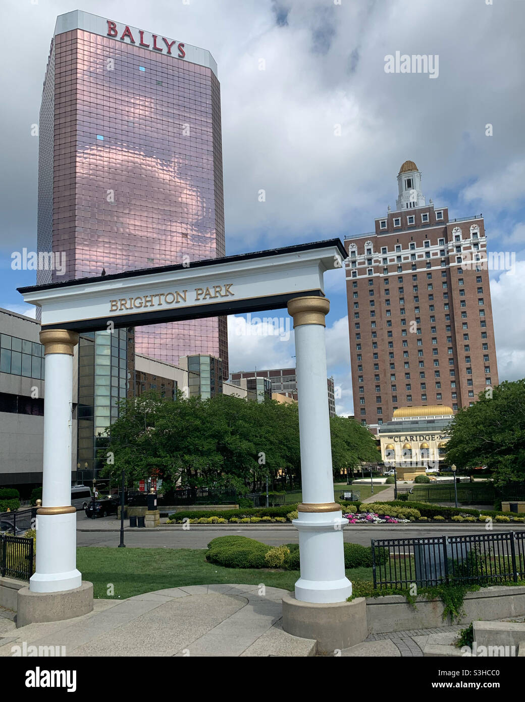 July, 2021, Brighton Park, Bally’s And The Claridge hotels in the background, Atlantic City, New Jersey, United States - Smartphone Captured Stock Image