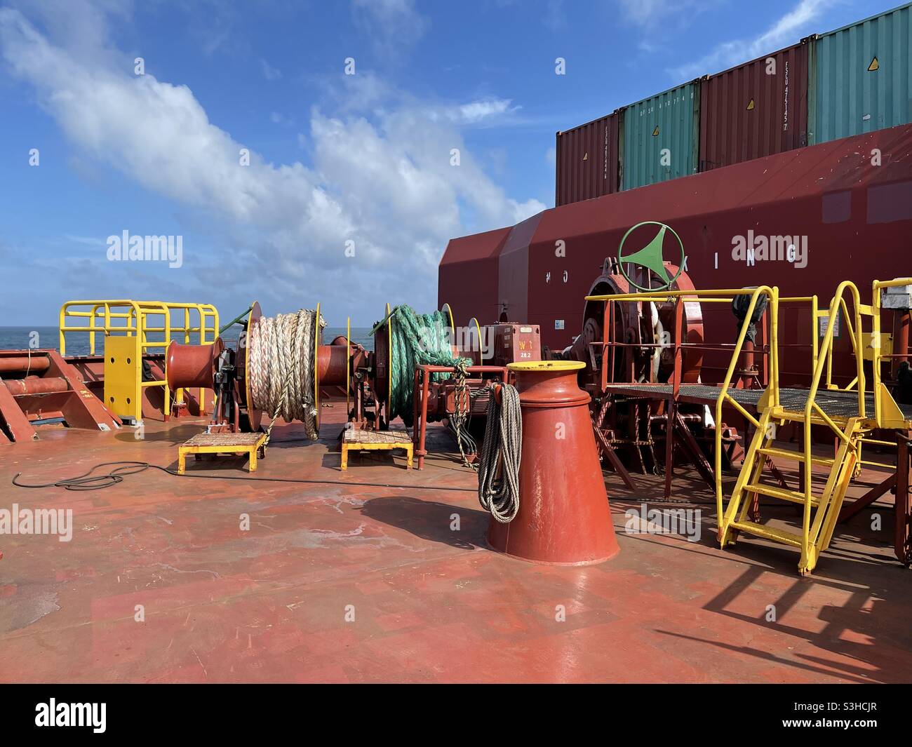 Forward mooring station with anchor and mooring winchlass and bollards