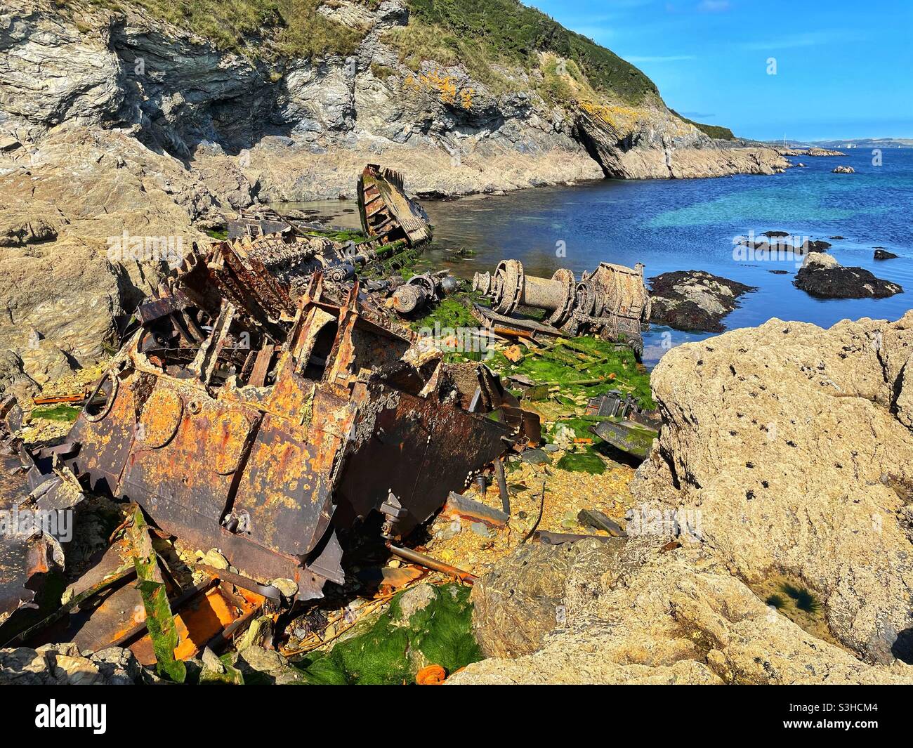 The wreck of the Ben Asdale, a Scottish fishing trawler that ran aground off Maenporth Neath near Falmouth in December 1978. - Smartphone Captured Stock Image