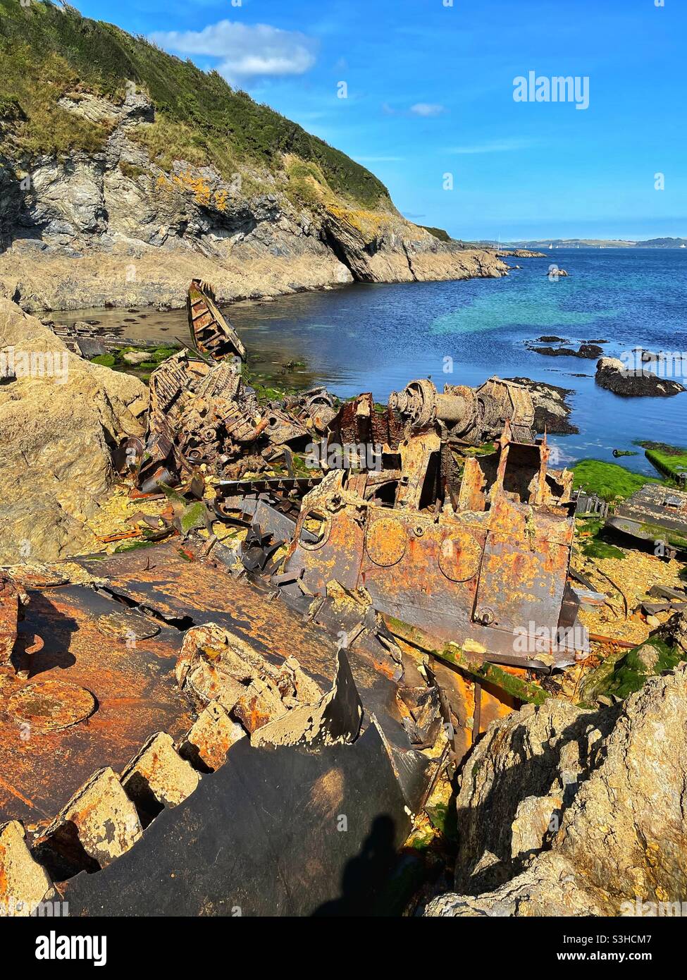 The wreck of the Ben Asdale, a Scottish fishing trawler that ran aground off Maenporth beach near Falmouth during a blizzard in December 1978. - Smartphone Captured Stock Image