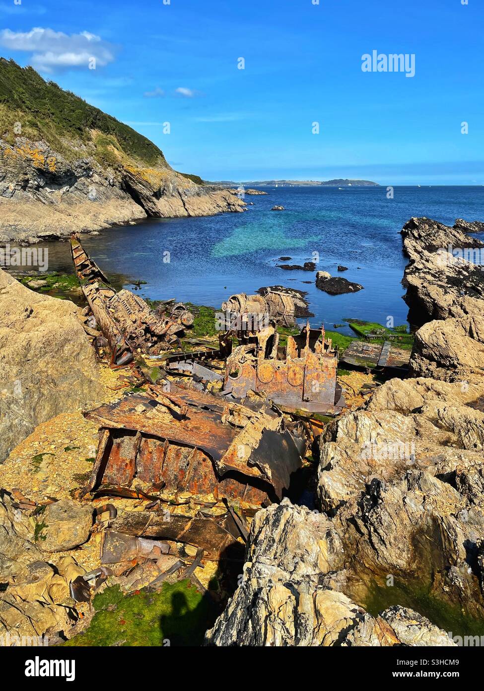 The wreck of the Ben Asdale, a Scottish fishing trawler that ran aground off Maenporth beach near Falmouth during a blizzard in December 1978. - Smartphone Captured Stock Image
