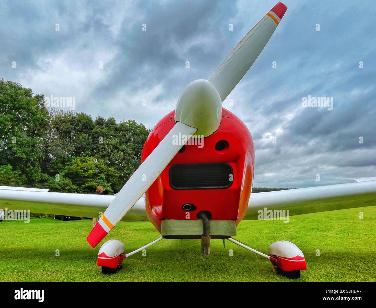 Wide angle view of the propeller and front of a light aircraft Stock Photo