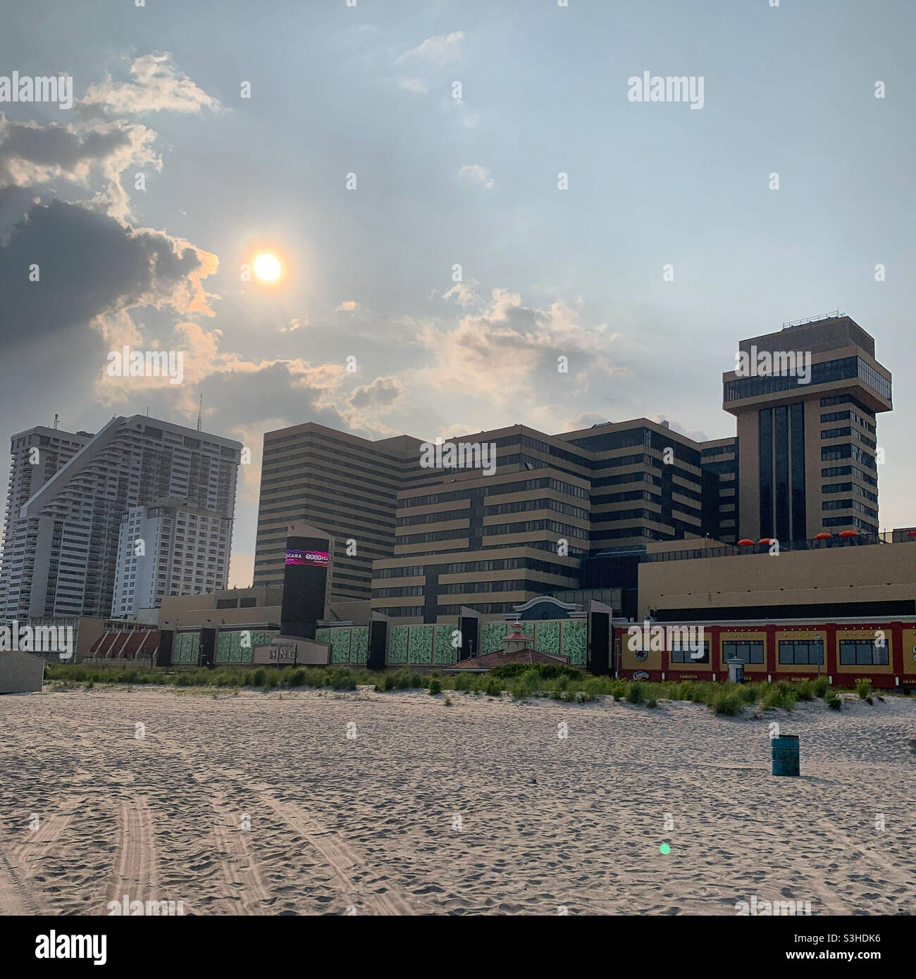 July, 2021, late afternoon on the beach, looking towards Tropicana, Atlantic City, New Jersey, United States - Smartphone Captured Stock Image