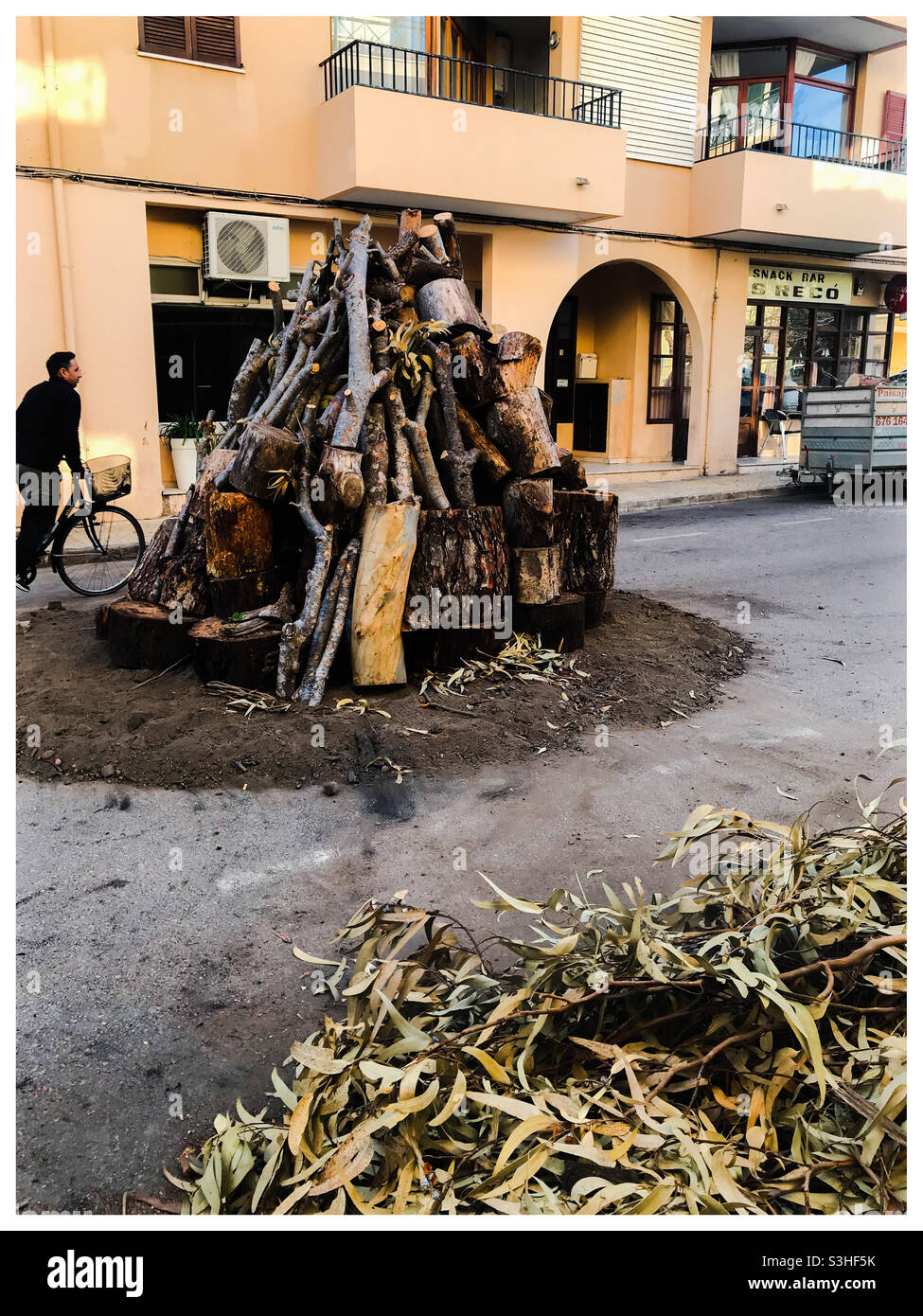 St Antoni bonfire preparation, Mallorca - Smartphone Captured Stock Image