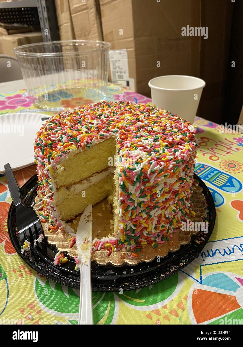 Colorful sprinkles covered cake cut for work celebration, plastic knife