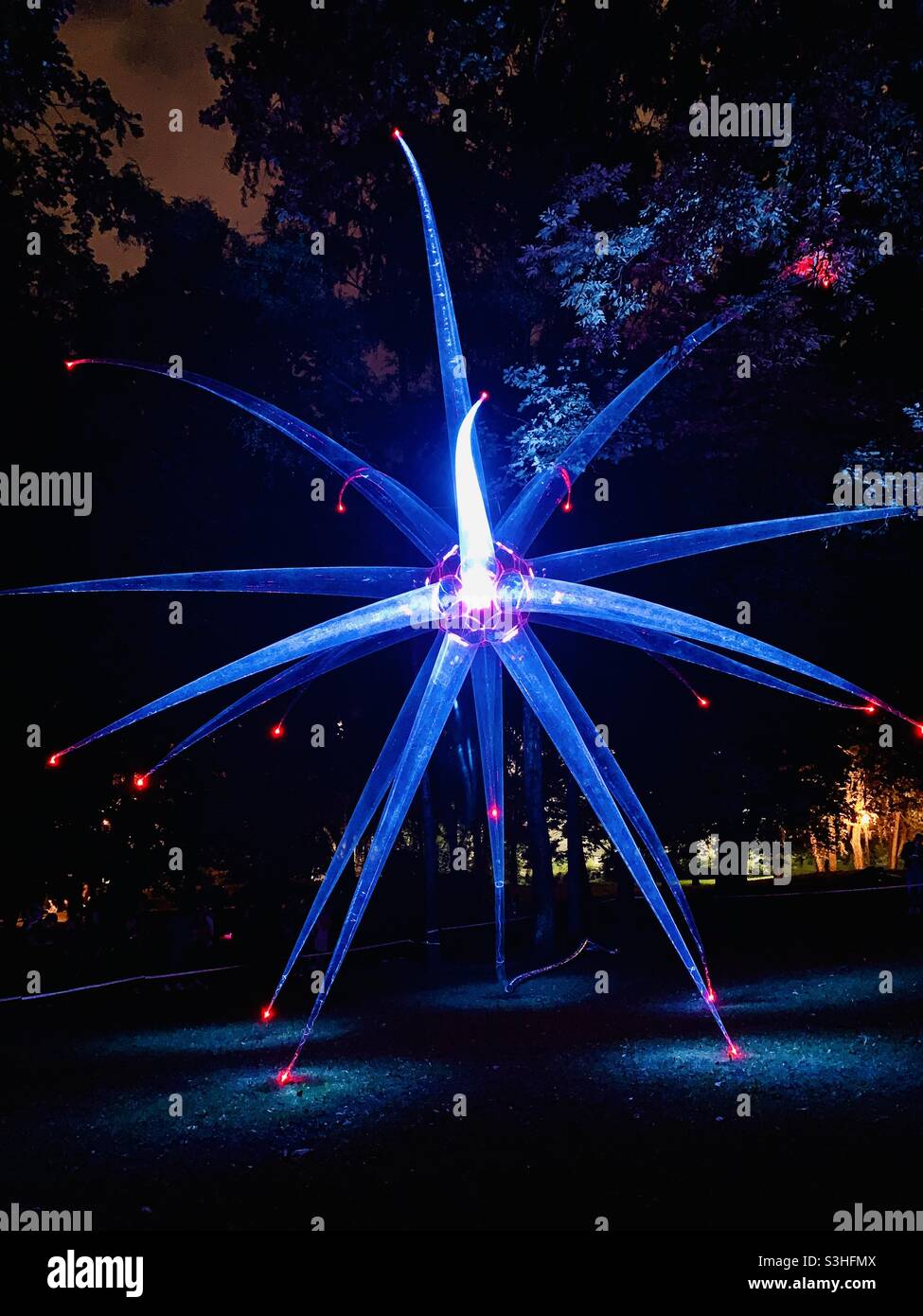 Futuristic light instalation in the night park - Smartphone Captured Stock Image