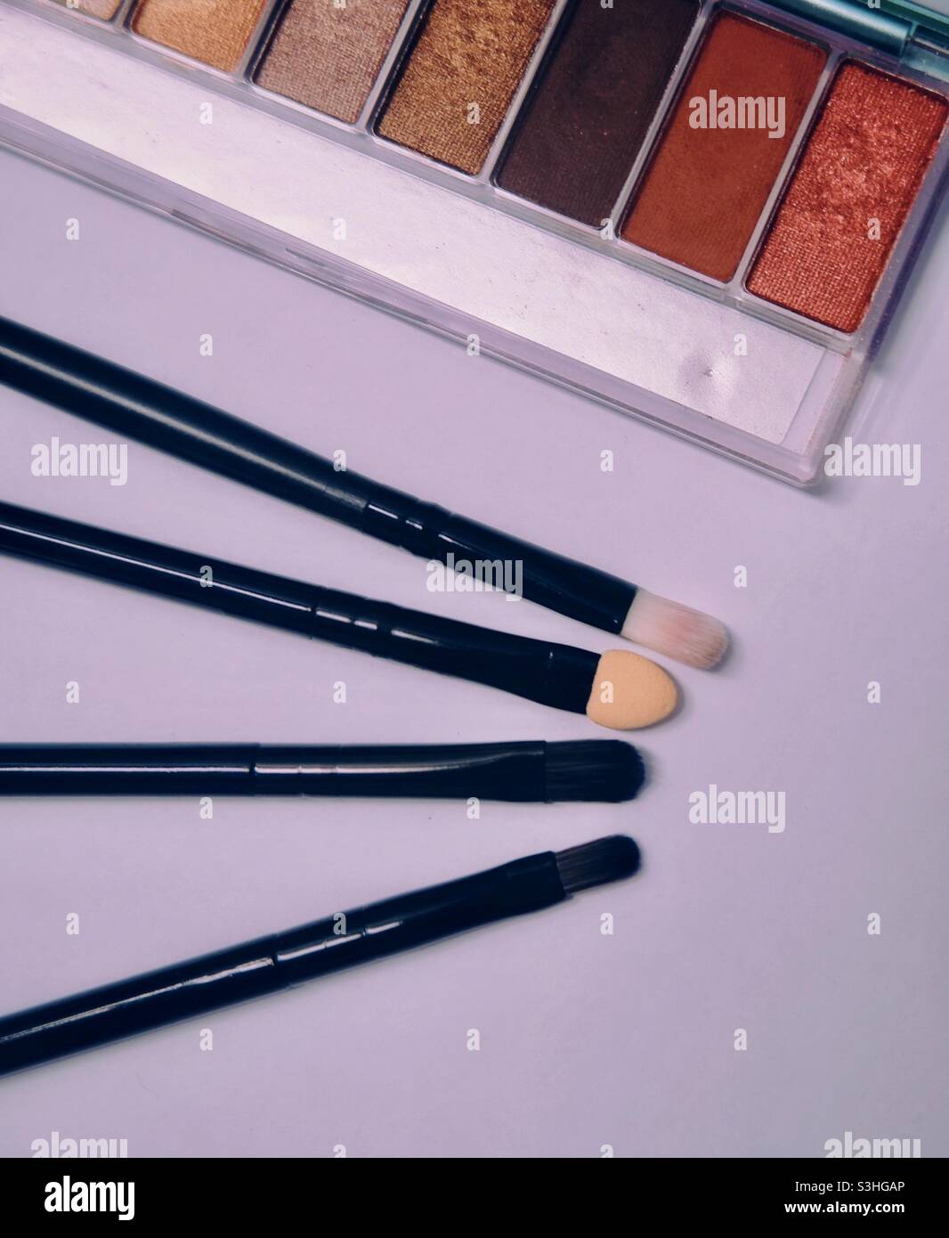 Four kind of brushes and eyeshadow palette in pink background Stock Photo