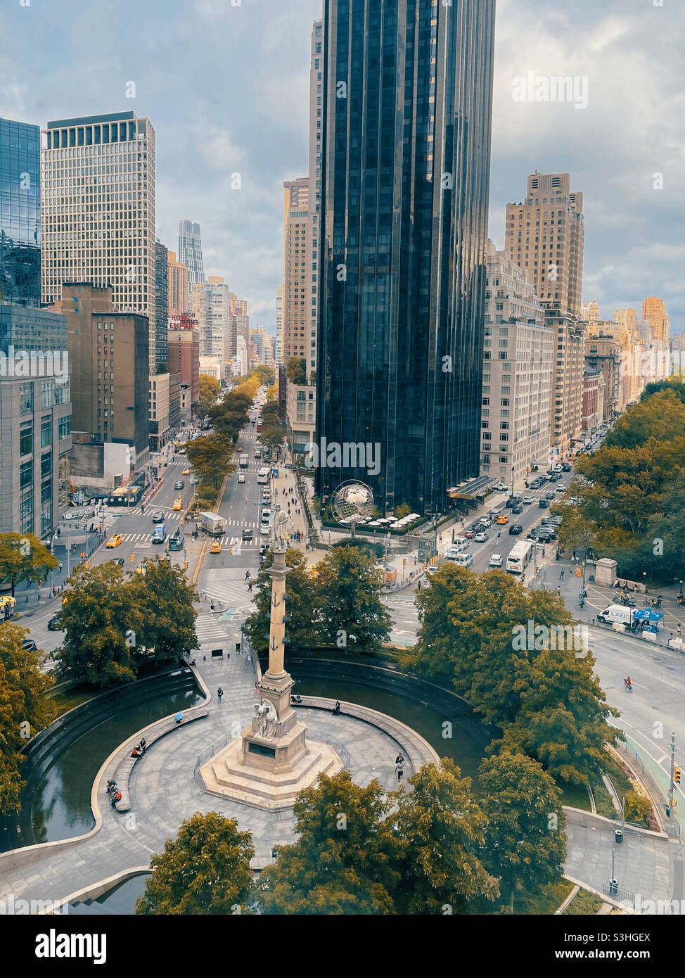 The Christopher Columbus monument in the heart of Columbus Circle on the south west corner of central park, NYC, USA - Smartphone Captured Stock Image