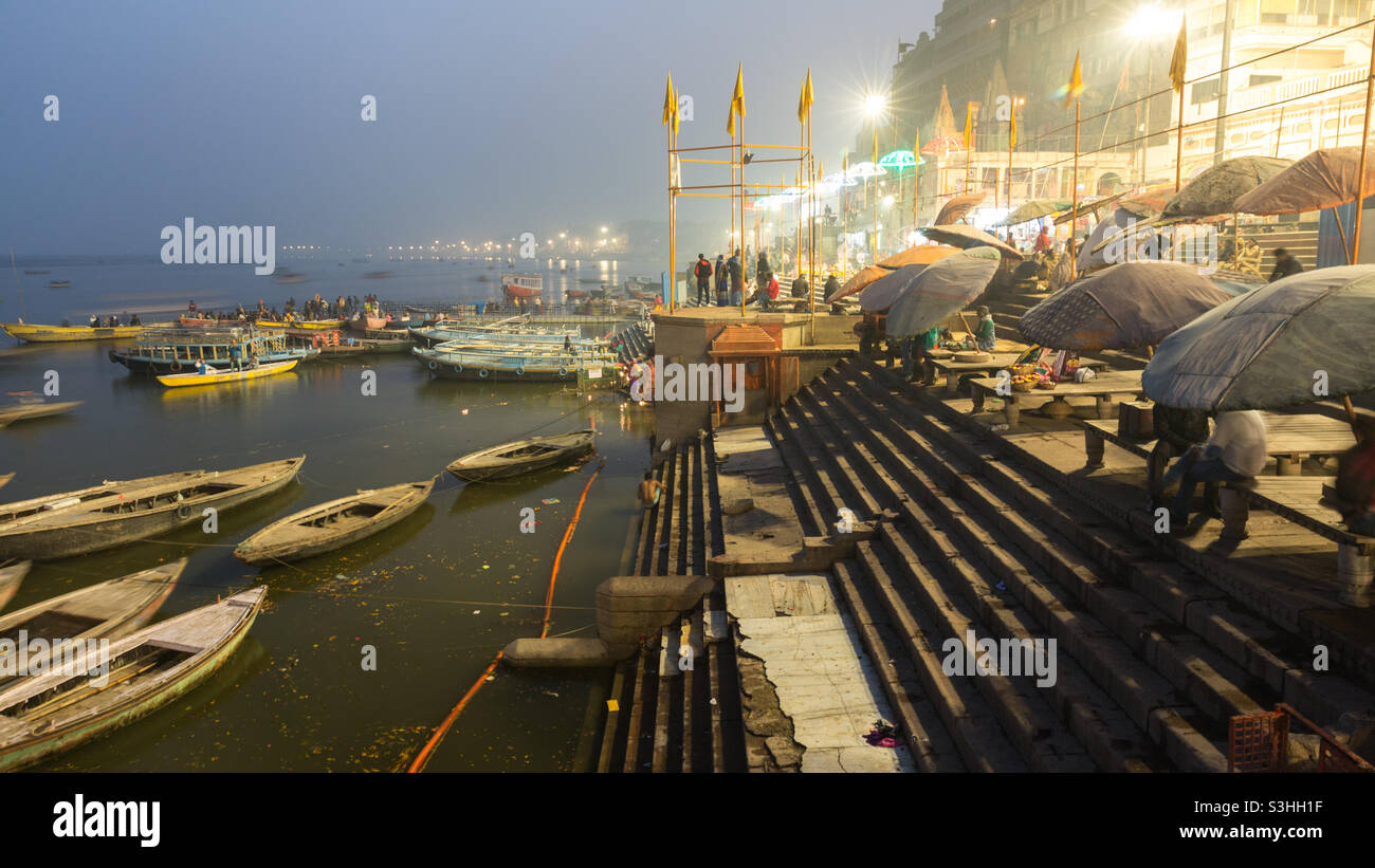 Ghats of Varanasi on the bank of river Ganges in the evening, India - Smartphone Captured Stock Image