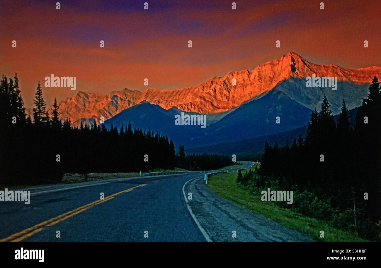 Rocky Mountain, sunrise, road, destination, traveler, sightseer, landscape Stock Photo