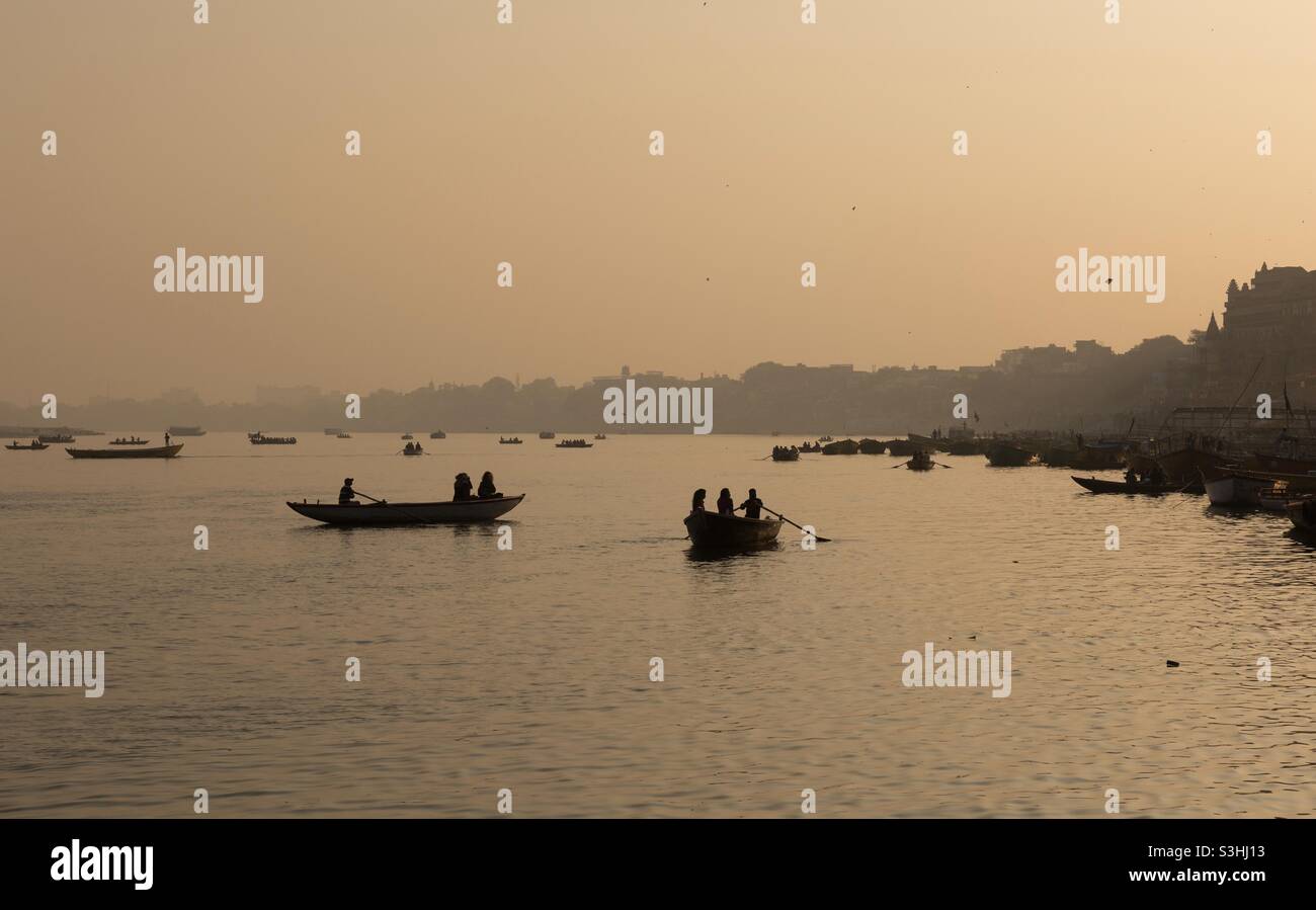 An evening in Varanasi, India. A monotonous orange light spread over Varanasi. - Smartphone Captured Stock Image