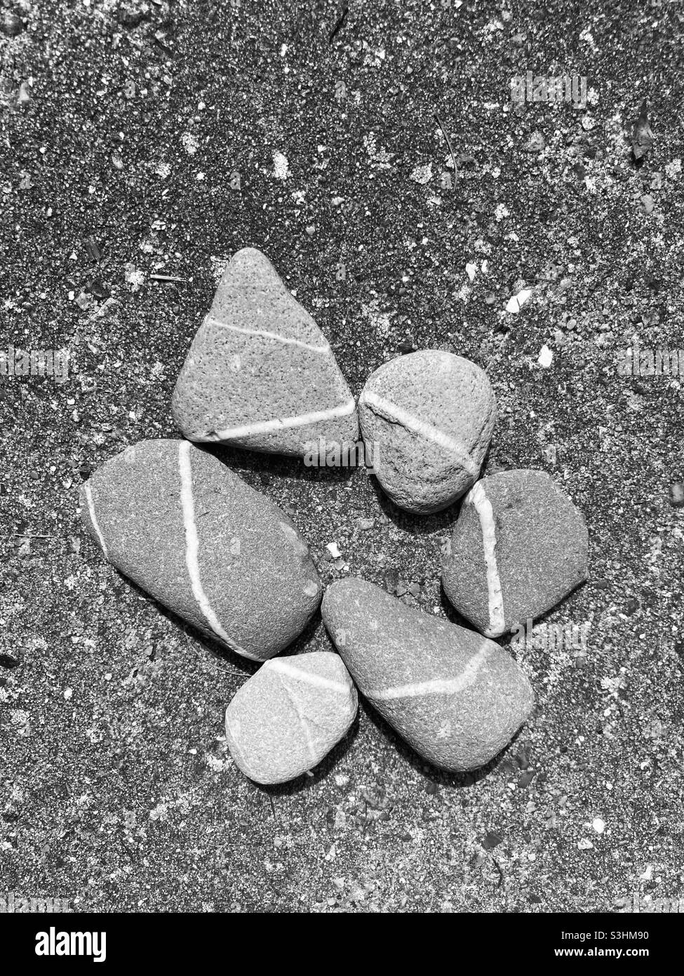 gray pebbles with white stripes are so close together that the stripes form a continuous line in a circle - Smartphone Captured Stock Image