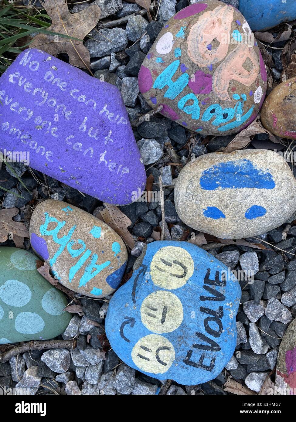 Rock garden. Stones painted with messages of kindness Stock Photo Alamy