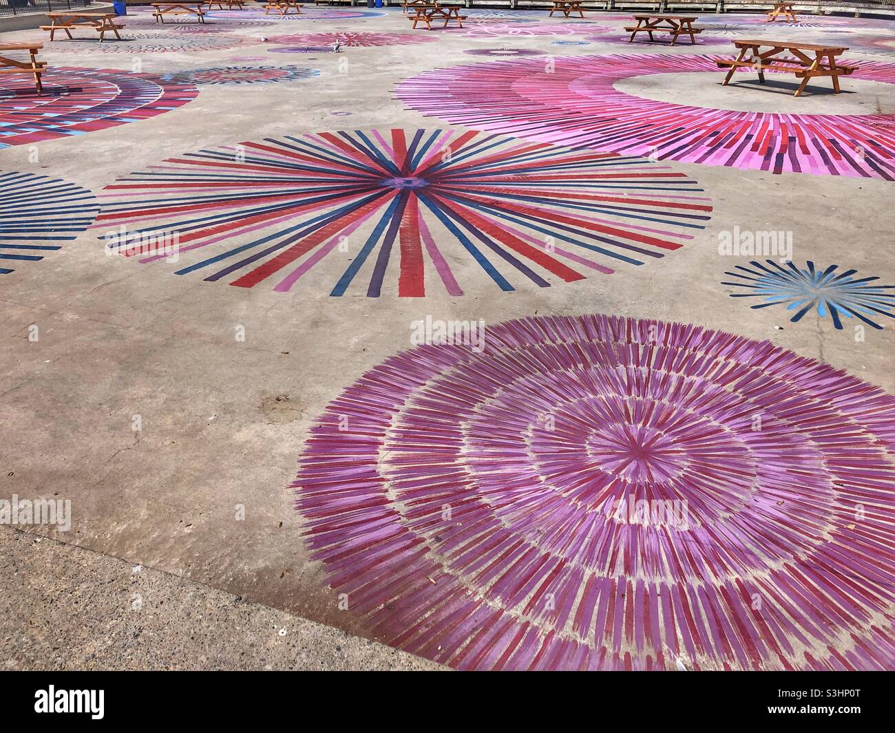 Painted patterns on an open concrete floor. - Smartphone Captured Stock Image