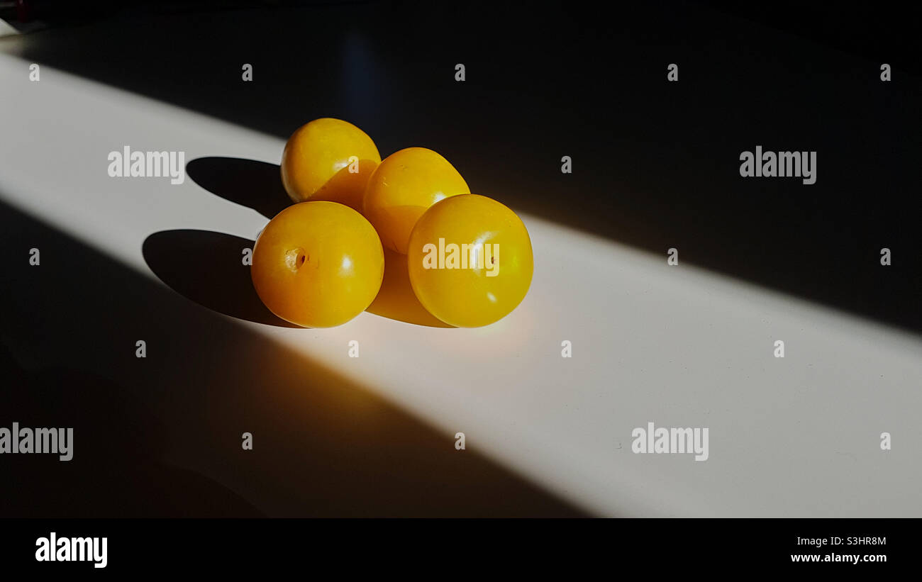 Close-up on yellow plums lying on a sunny table in the background there are deep shadows Stock Photo