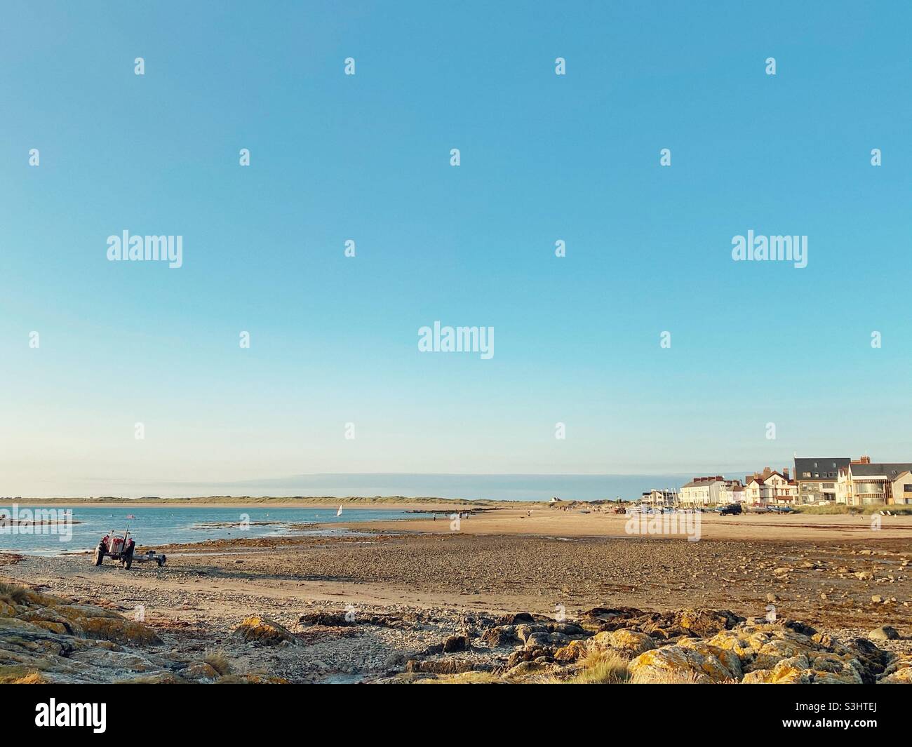 Rhosneigr beach, Anglesey, North Wales, uk, late summer 2021, low tide, after august bank holiday when the crowds have gone - Smartphone Captured Stock Image