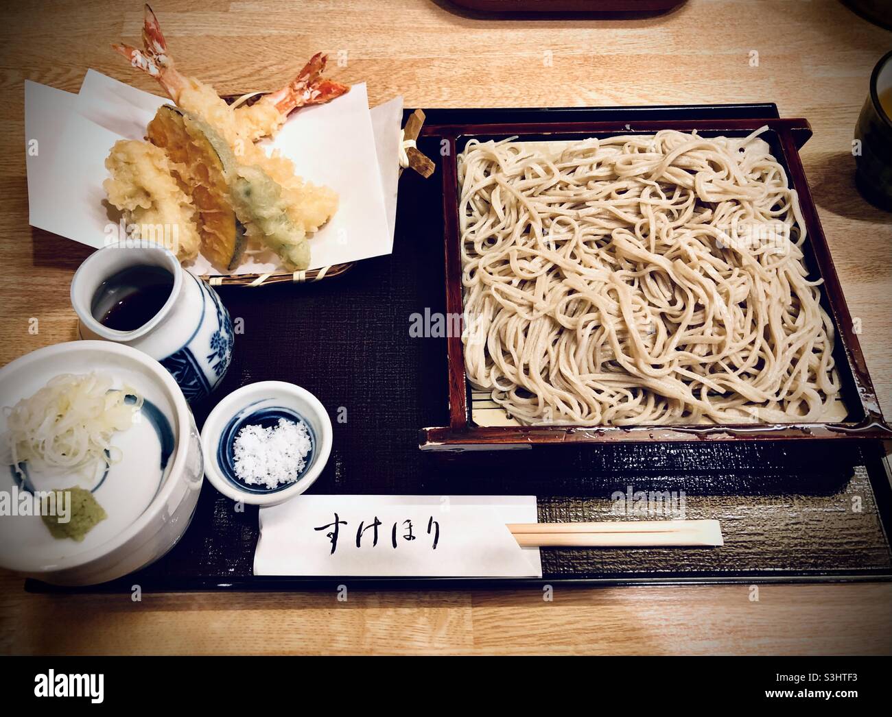 Tempura soba, Japanese lunch with shrimp and vegetable tempura and