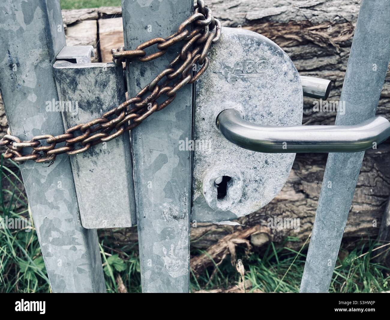 gray metallic gate wrapped in a rusty chain - Smartphone Captured Stock Image