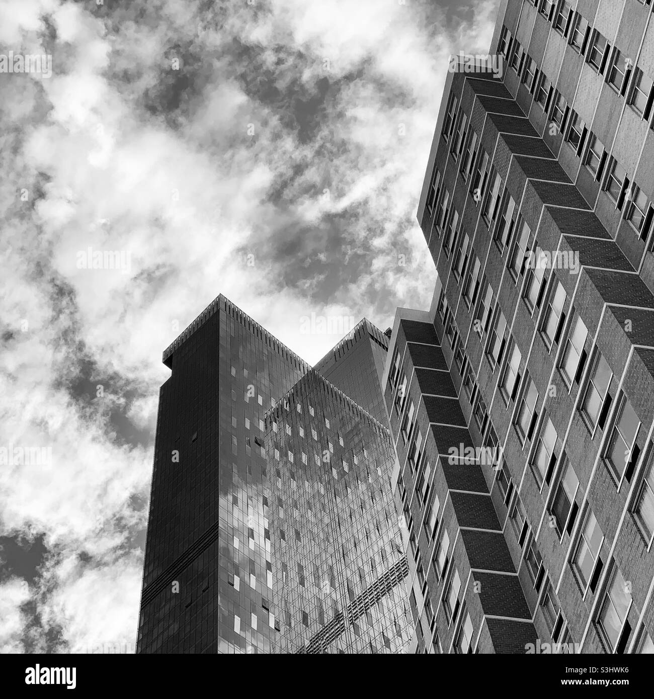 Black and white images of buildings in the Two Bridges neighborhood