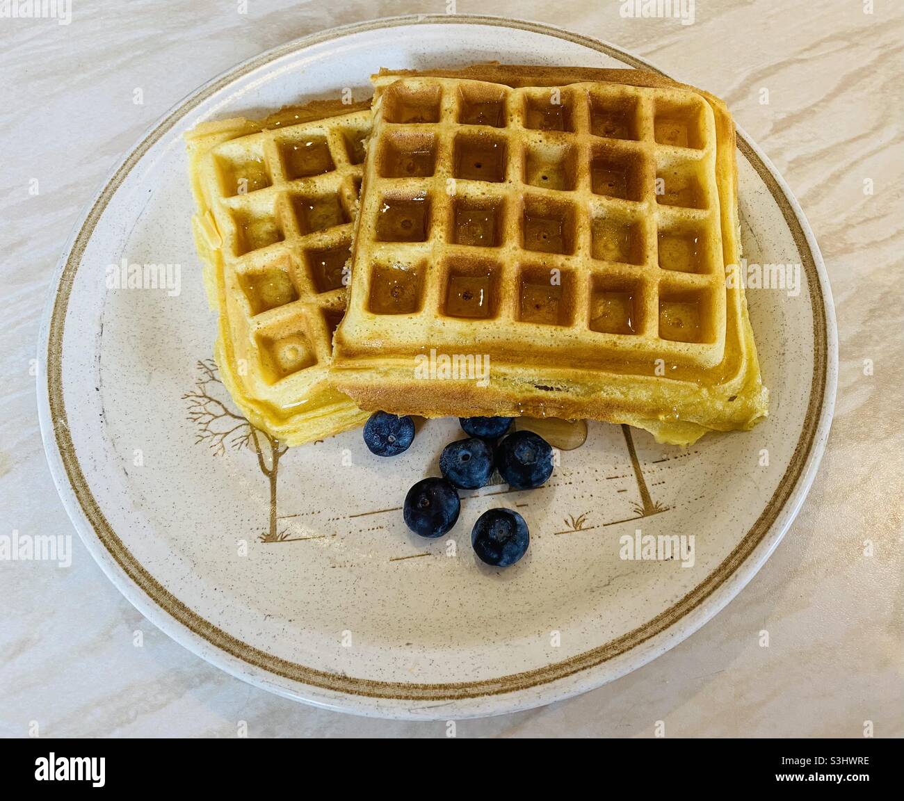 Waffles with honey and blueberries. Nigella Lawson recipe. August 2021. Stock Photo