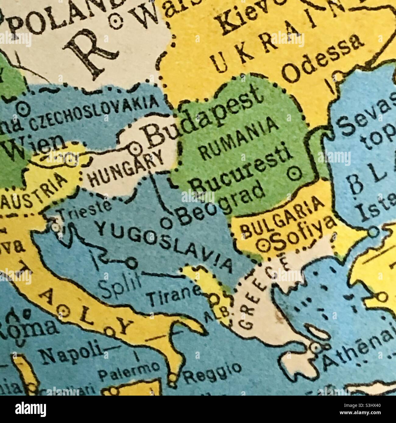 Vintage world globe showing borders Romania Yugoslavia USSR Stock Photo