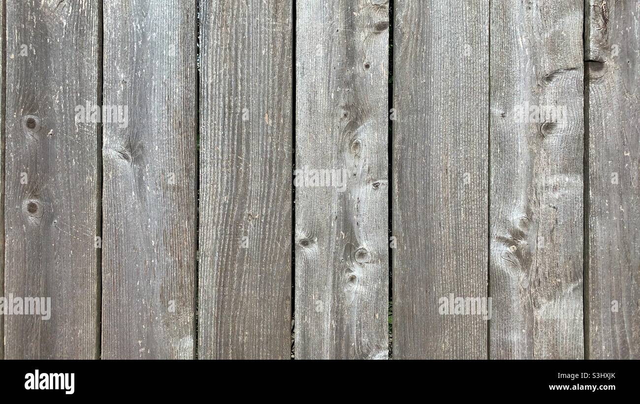 Weathered worn gray wood plank fence as a natural background. Stock Photo