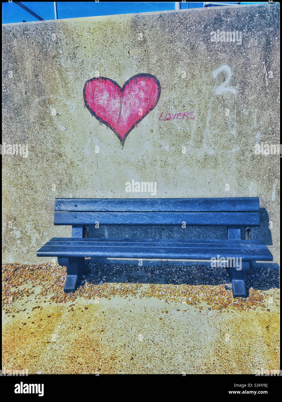 Bench for lovers by Felixstowe beach, Suffolk - Smartphone Captured Stock Image