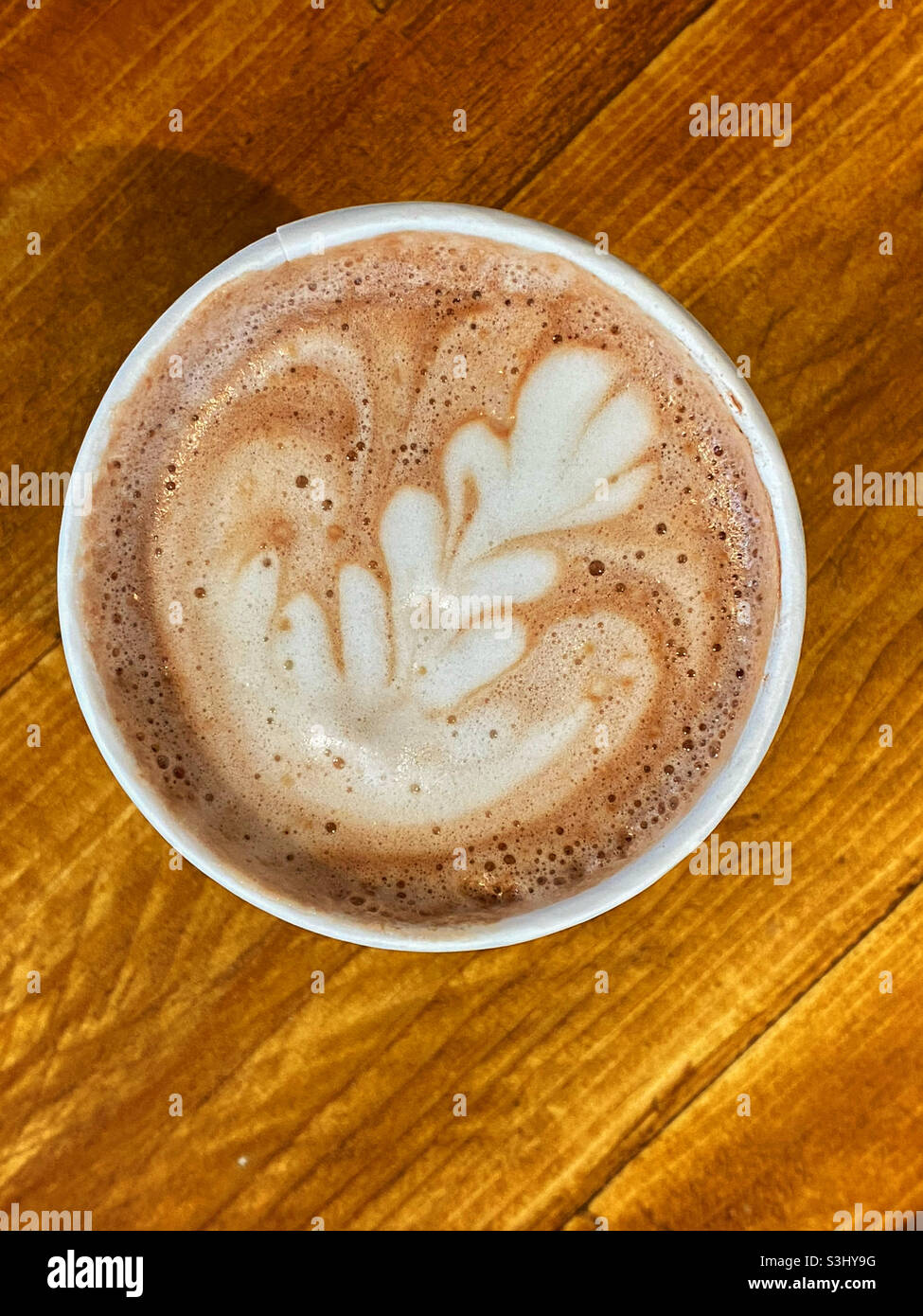 An overhead picture of a cup of tasty hot chocolate. No people and room for text. Copy space. Photo ©️ COKIN HOSKINS. - Smartphone Captured Stock Image