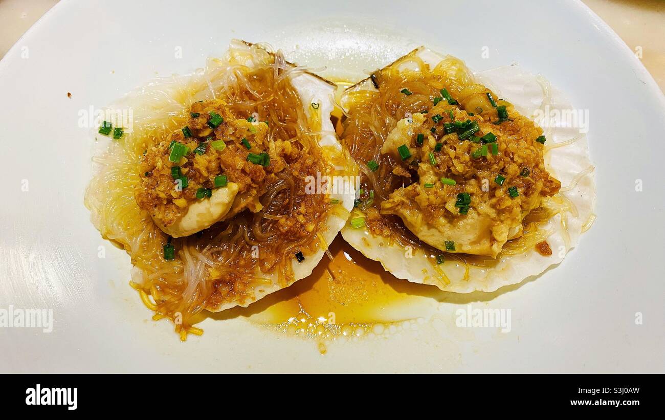 Steamed Garlic, rice noodles with scallops - Smartphone Captured Stock Image