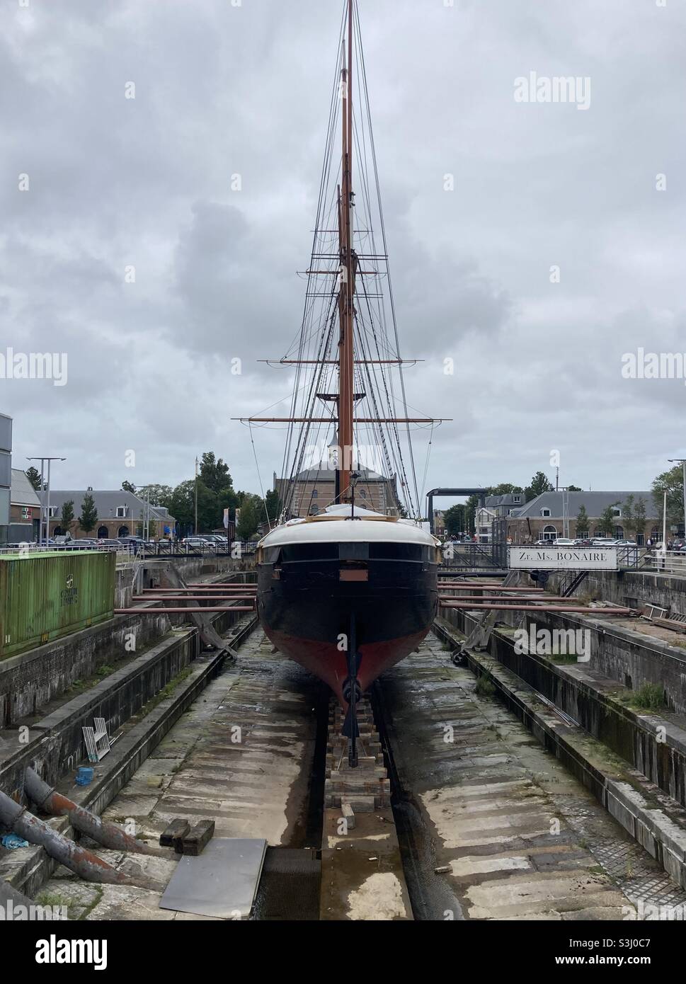 August 2021: dry dock in Den Helder Willemsoord with the historic ship Zr. Ms. Bonaire from 1877 - Smartphone Captured Stock Image