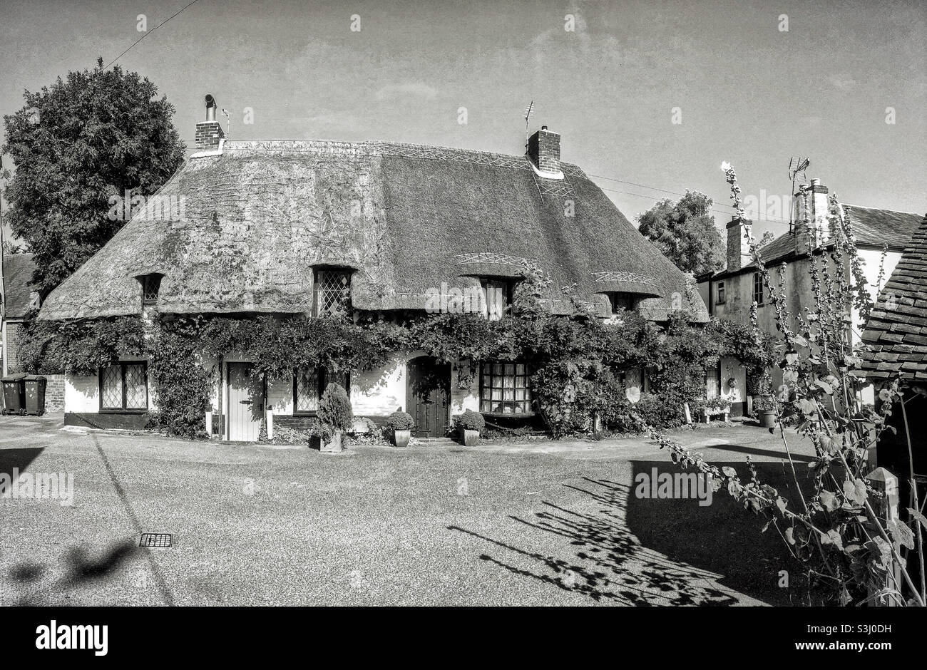Black and White Retro image Old Tudor Cottage, Wickhambreaux, Kent - Smartphone Captured Stock Image