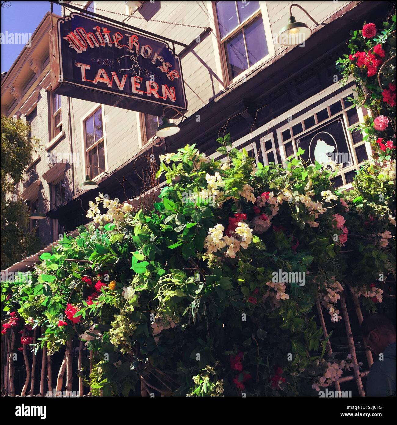 White Horse Tavern with outdoor seating during the Covid pandemic - Smartphone Captured Stock Image