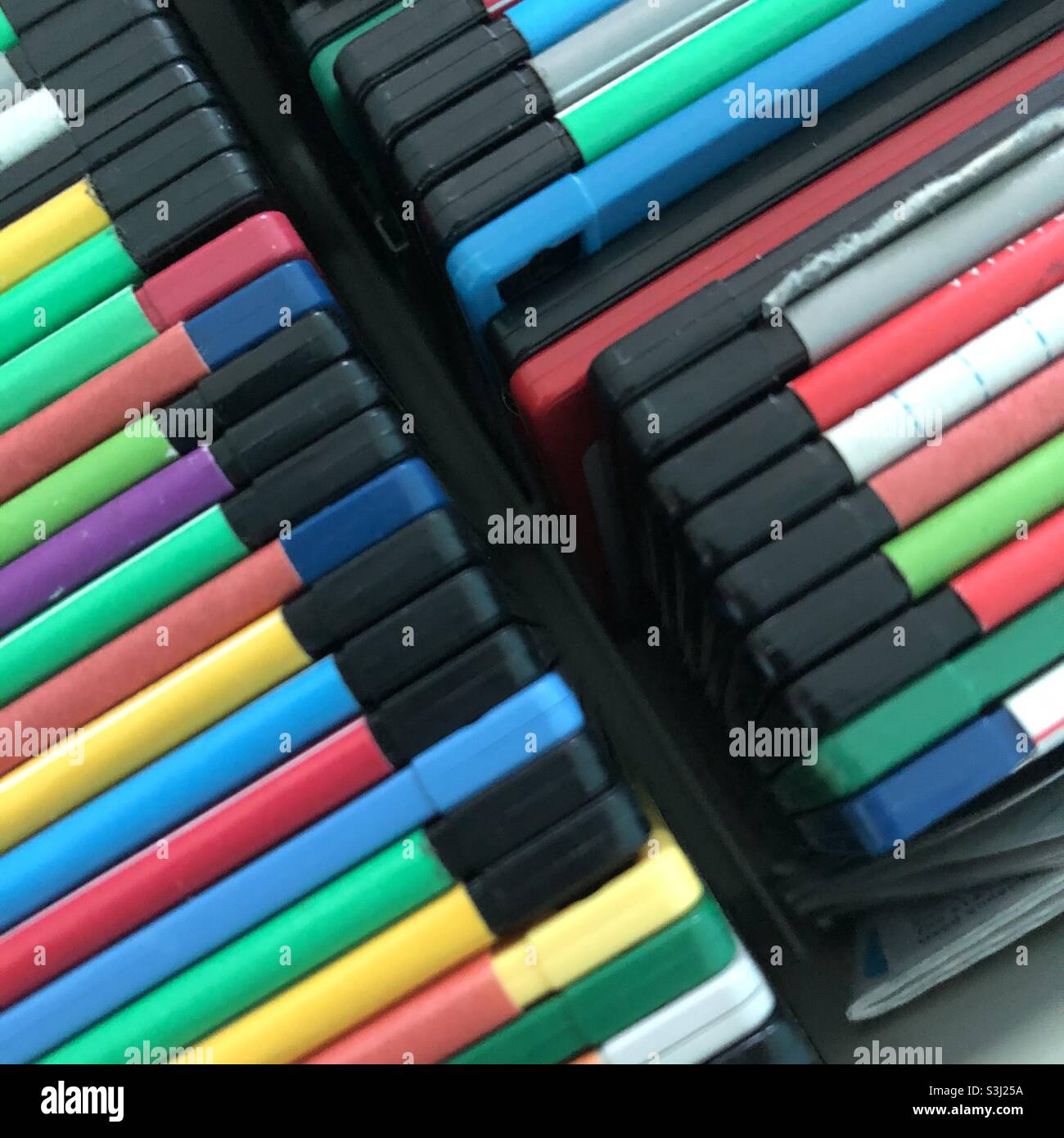 Vintage floppy disks for old computer with colorful labels Stock Photo