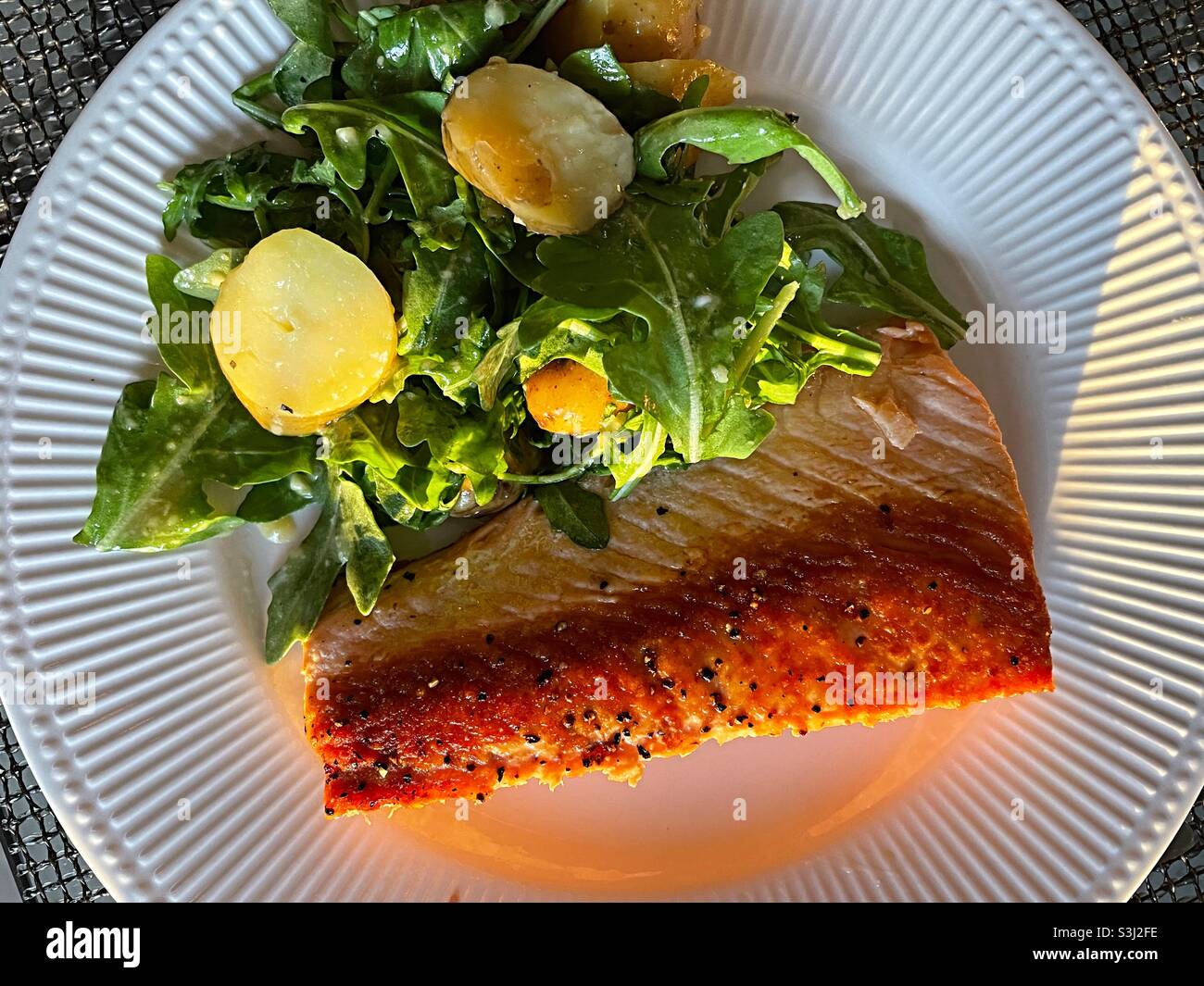 Close Up of Grilled Salmon and New Potato Entree,  USA - Smartphone Captured Stock Image