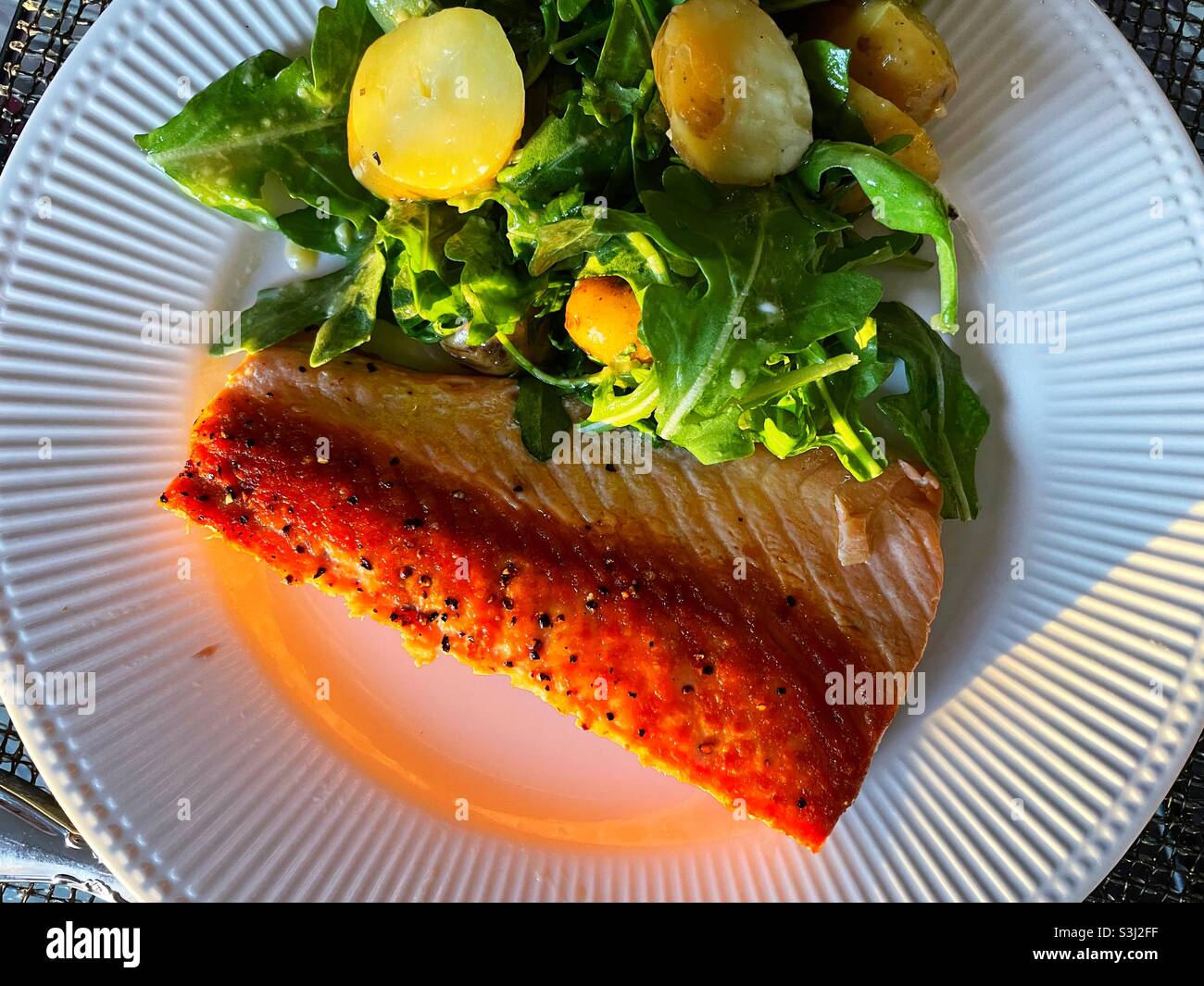 Close Up of Grilled Salmon and New Potato Entree,  USA - Smartphone Captured Stock Image