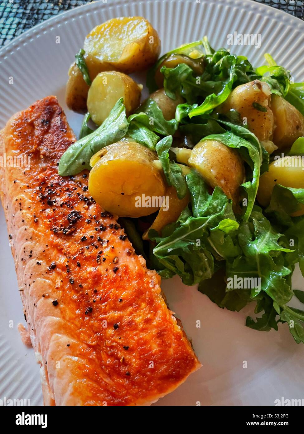 Close Up of Grilled Salmon and New Potato Entree,  USA - Smartphone Captured Stock Image