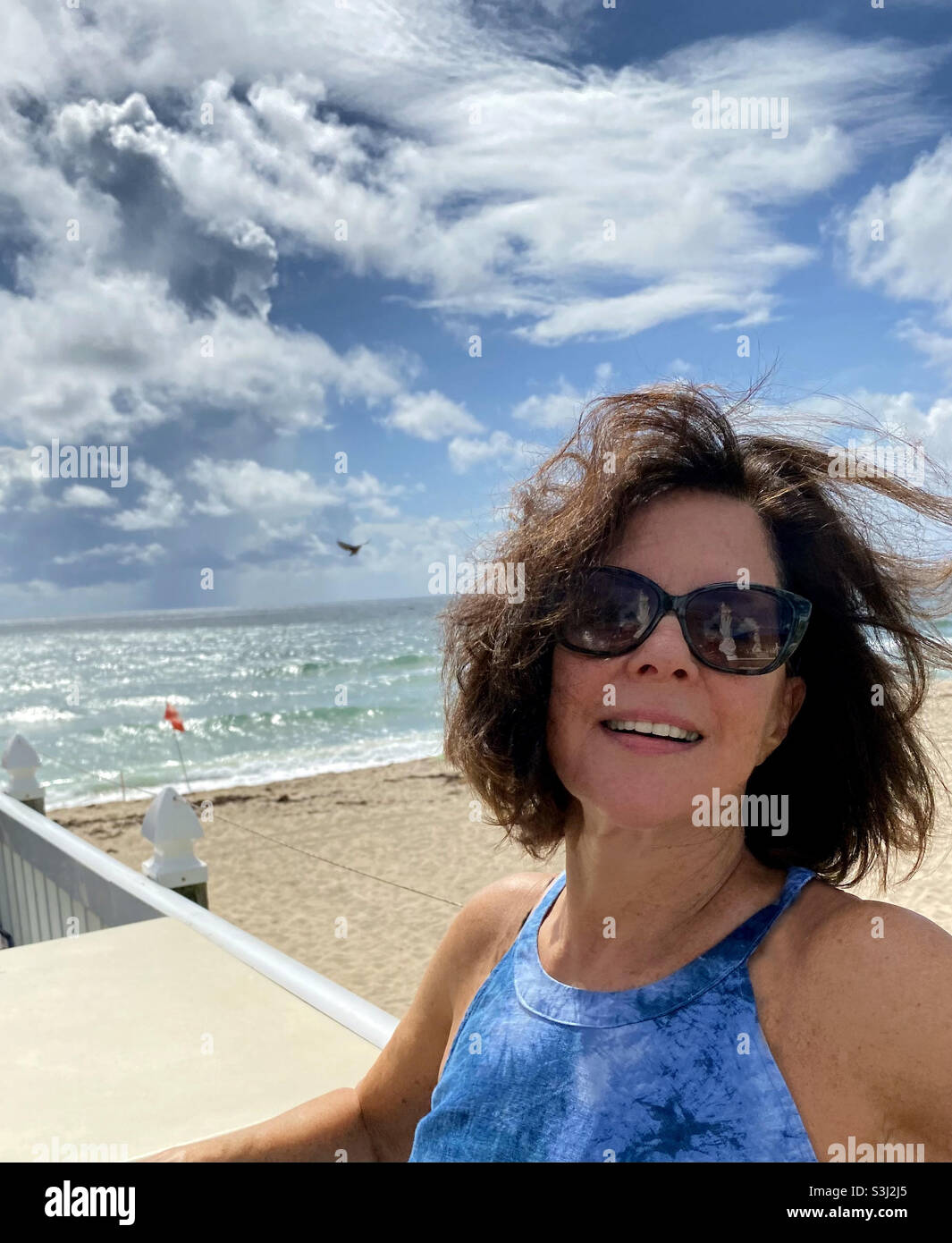 Woman with wind blown hair standing by the ocean with a bird flying by. - Smartphone Captured Stock Image